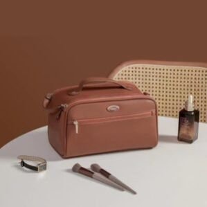 Multipurpose Portable Toiletry Kit Leather Zipper Pouch for Travelling Shaving Kit or Makeup Cosmetic Bag Organizer Pouch for Women and Men (Brown)