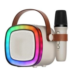 Digital Colorful Karaoke Bluetooth Speaker with Stereo Sound, Wireless Mic with 4 Voice Converter, RGB Lights, 5Hrs Non-Stop Music, Multi-Compatibility Modes and Type-C Charging
