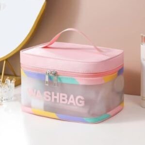 Toiletry Bag, Wash Make Up Bag PVC Waterproof Zippered Cosmetic Bag, Portable Carry Pouch for Women Men (Pink)