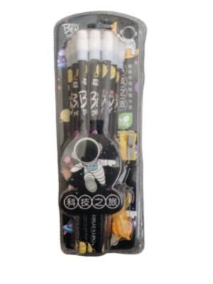 Astronaut Stationery Set of 12 HB Pencils, Sharpener, Eraser & Pencil Cap |Birthday Return Gift| (Multi color)
