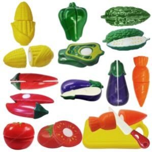 Realistic Sliceable 7 Pcs Fruits Cutting Play Toy Set (5 Fruits and Vegetables Plus Board and Knife)