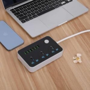 Extension Board Spike Guard Extension Cord with 6 USB Charging Ports 3 Universal Sockets Charging Station Cord Power Surge Protector 2 Meter Cord Length for Mobile Laptop Office Home Travelling