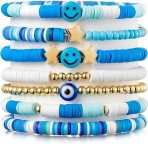 7Pcs Combo Latest Stylish Beach Surfer Bracelets Set | Colorful Preppy Heishi Bracelet | Multilayer Boho Happy Smile Heart Star Stretch Beaded Bracelets | Evil Eye Stackable Beaded Bracelets | Y2K Pearl Bracelets Set for Women Girls Teens
