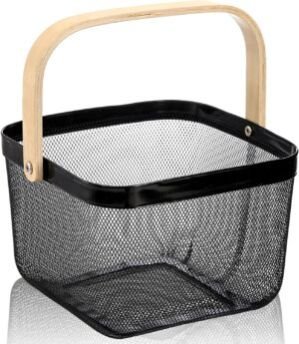 Metal Mesh Steel Basket,Fruit Basket Bin, Storage Organizer With Handle For Hanging Kitchen Baskets For Cabinets Cupboards Shelves Bathroom Table Decoration (Black) – Rectangular