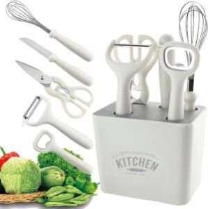Stainless Steel 6-Piece Kitchen Gadgets Set, Kitchen Scissor, Kitchen Utensils Set with Holder, Paring Knife, Bottle Opener, Peeler – Anti Slip Handle, Decorative Base