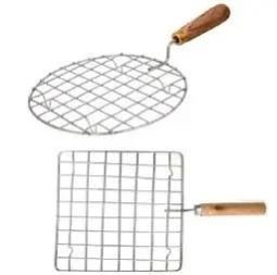 UTENCIL UNIVERSE Chicken Chapati maker steel tandoor (baingan) Wooden Handle Stainless Steel net Roaster (Square & Round)- (Pack of 2)