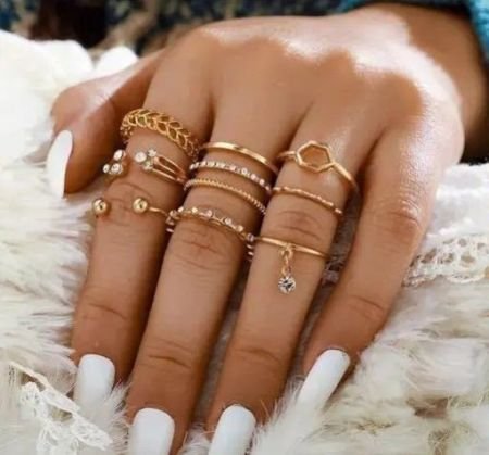 Gold Plated 8 Piece White Crystal Drop Heart Multi Designs Ring Set For Women & Girls