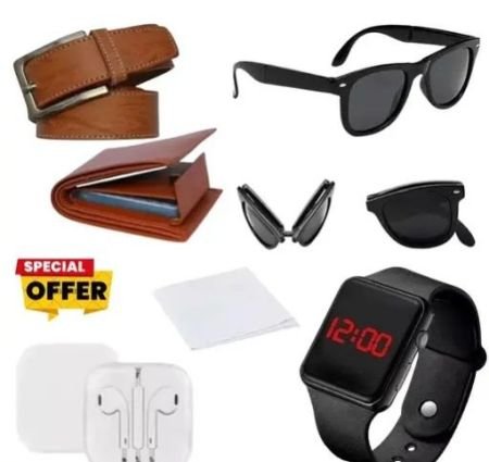 TRENDY COMBO OFFER BUY MENS BELT AND GET 1 TAN COLOUR WALLET ,FOLDABLE SUNGLASSES ,WATCH ,WIRED EARPHONES AND WHITE RUMAL