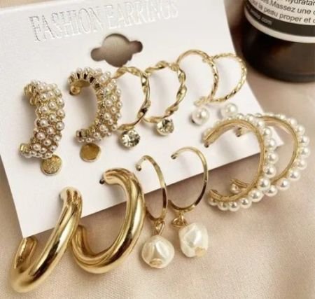 Combo of 5 pair earrings Geometric twisted Chain Pearl Hoops earrings