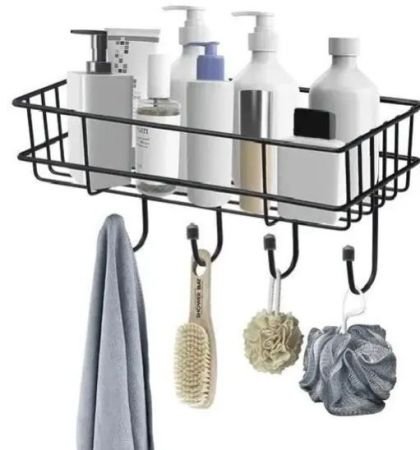 Self Adhesive Metal 2 Layer Bathroom Wall Mounted Storage Rack with 4 Hook Bathroom Rack Refrigerator Broadside Storage Strong Magic Sticker Shower Rack-BLACK(PACK OF 1)